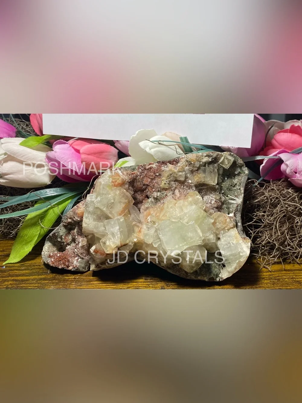 Green Apophyllite With Red Vanadinite On Matrix